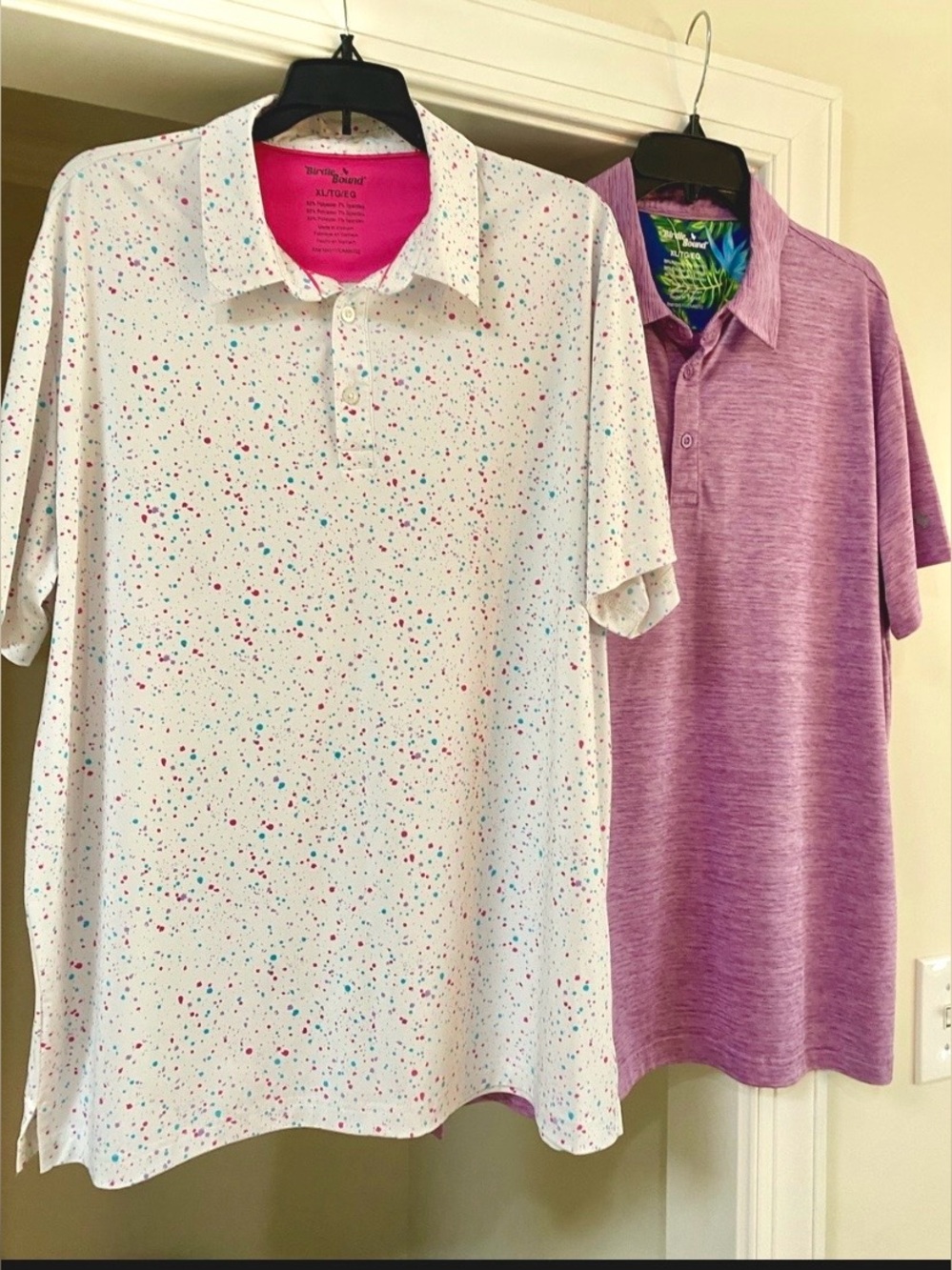 (2) Birdie Bound NewMen's Golf Purple Pattern & Pink & Teal Design Polo’s / Sz X